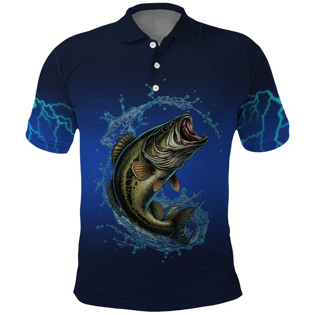 Custom Jumping Bass Fishing Polo Shirt with Water Splash and Lightning Background TS04