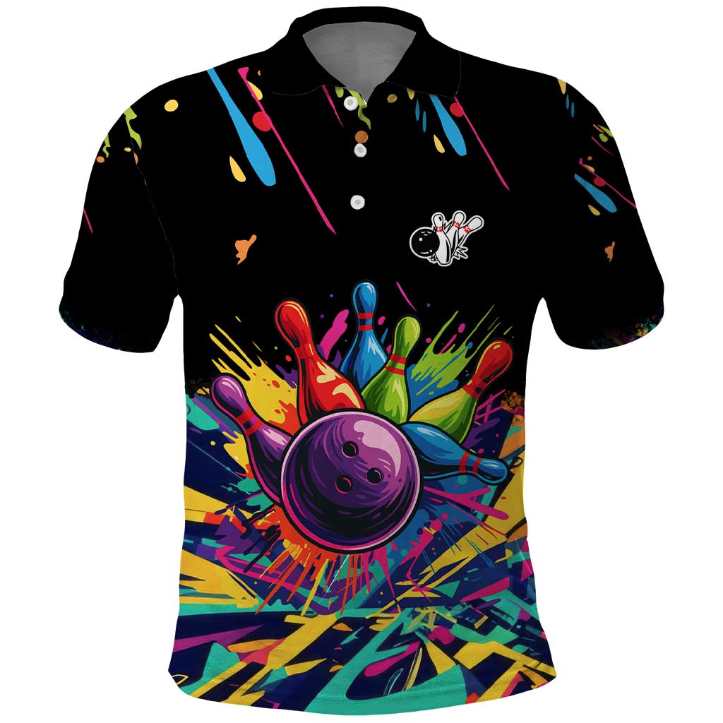 Colorful Bowling Ball and Pins Graphic Polo Shirt Custom with Paint Splash TS04