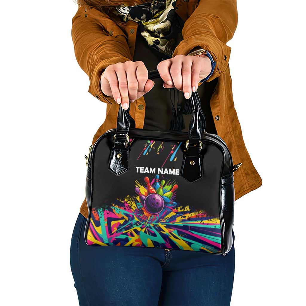 Colorful Bowling Ball and Pins Graphic Shoulder Handbag Custom with Paint Splash TS04