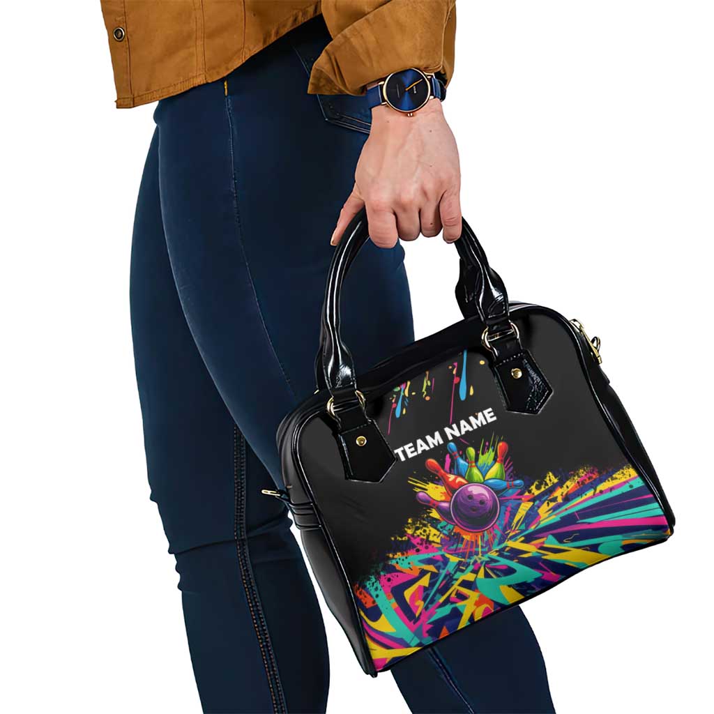 Colorful Bowling Ball and Pins Graphic Shoulder Handbag Custom with Paint Splash TS04