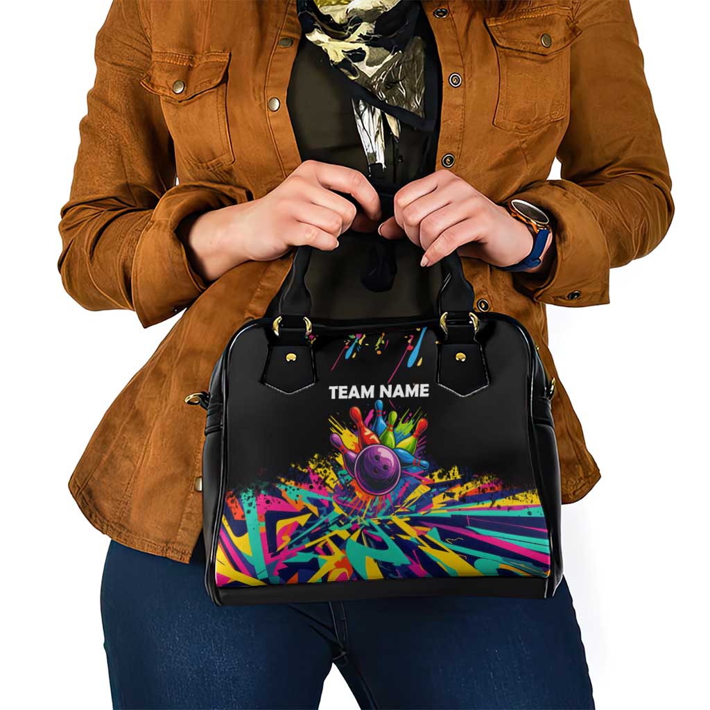 Colorful Bowling Ball and Pins Graphic Shoulder Handbag Custom with Paint Splash TS04