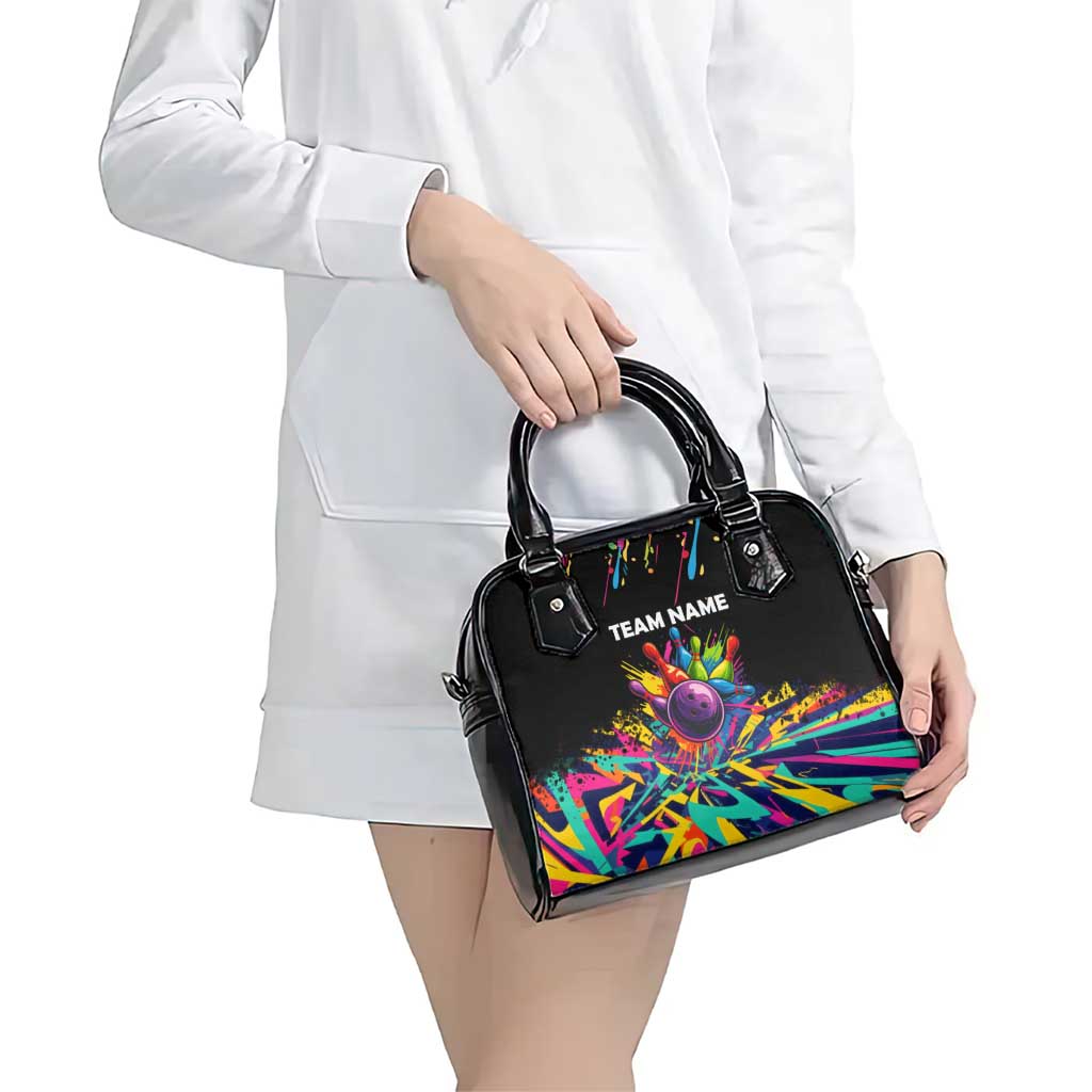 Colorful Bowling Ball and Pins Graphic Shoulder Handbag Custom with Paint Splash TS04
