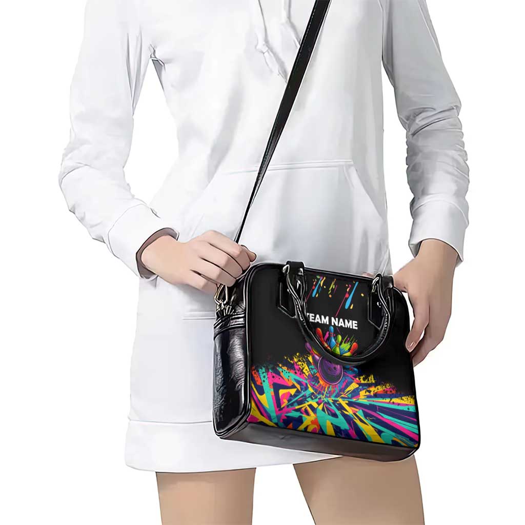 Colorful Bowling Ball and Pins Graphic Shoulder Handbag Custom with Paint Splash TS04