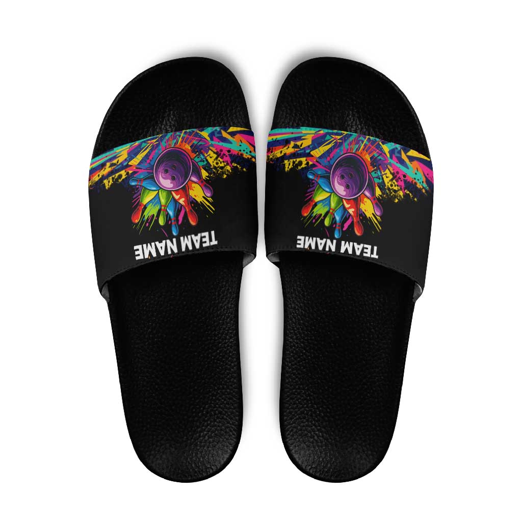 Colorful Bowling Ball and Pins Graphic Slide Sandals Custom with Paint Splash TS04