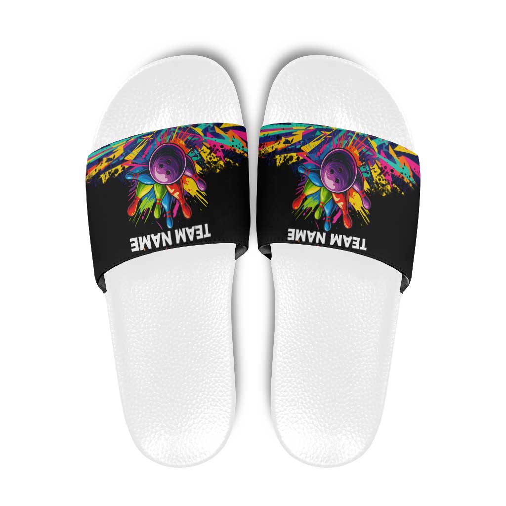 Colorful Bowling Ball and Pins Graphic Slide Sandals Custom with Paint Splash TS04