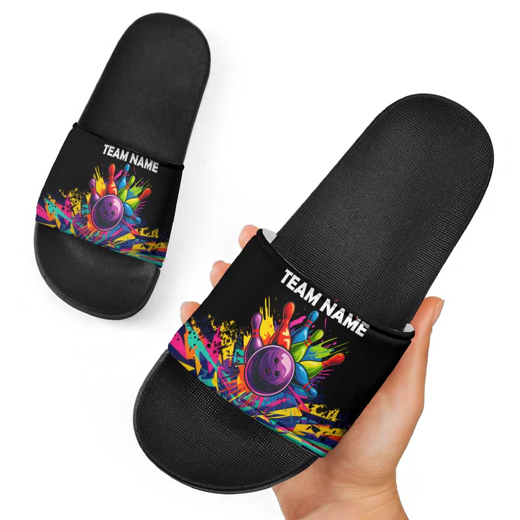 Colorful Bowling Ball and Pins Graphic Slide Sandals Custom with Paint Splash TS04