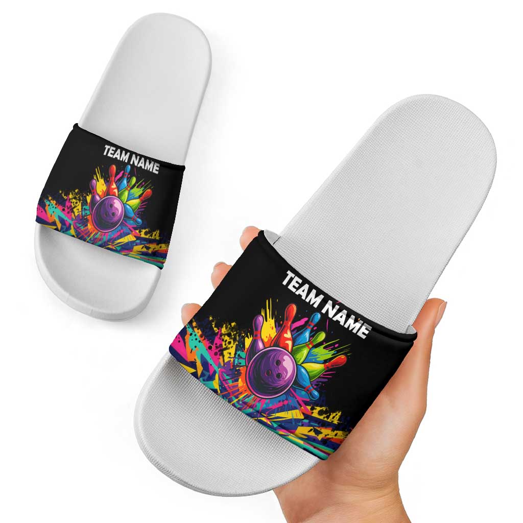 Colorful Bowling Ball and Pins Graphic Slide Sandals Custom with Paint Splash TS04