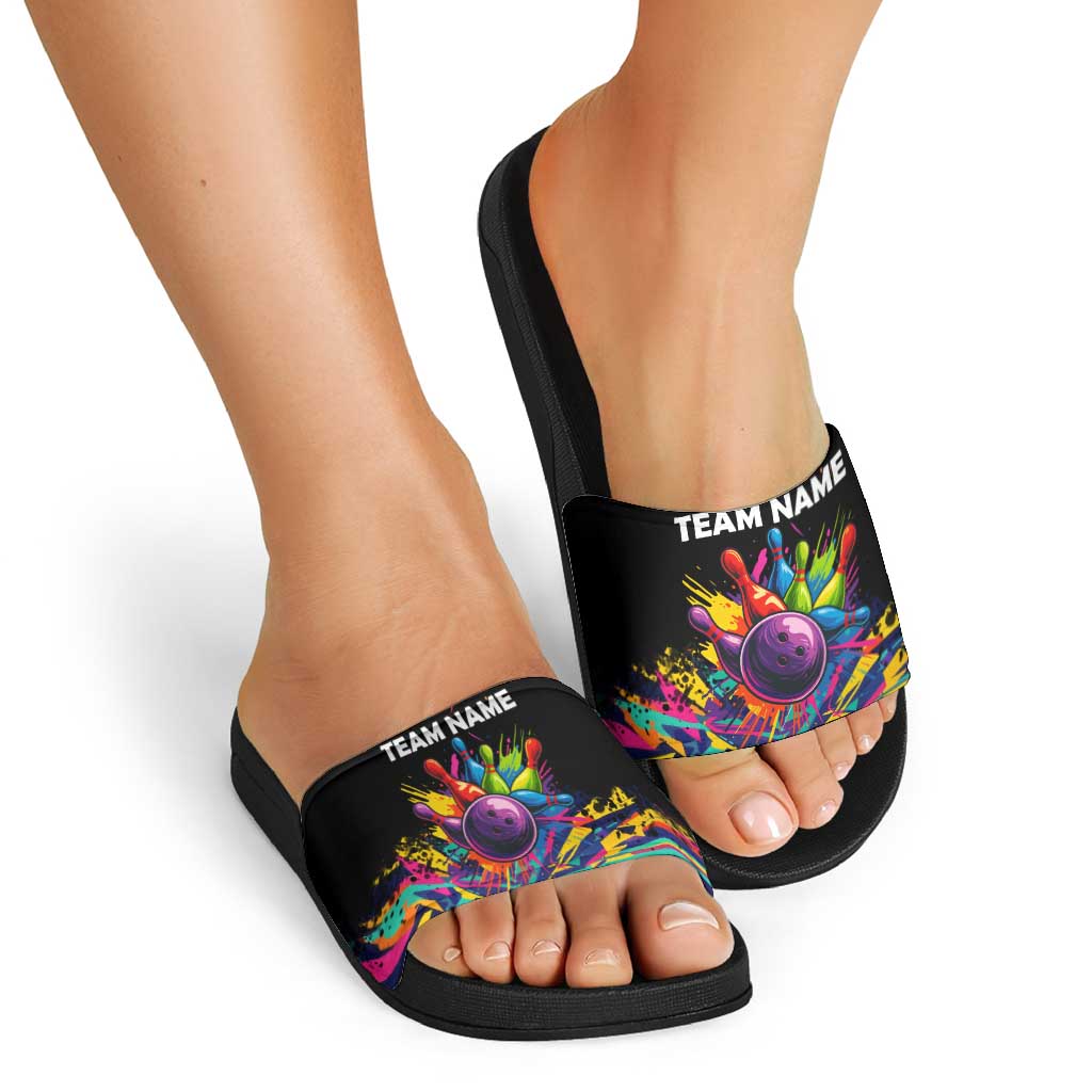 Colorful Bowling Ball and Pins Graphic Slide Sandals Custom with Paint Splash TS04
