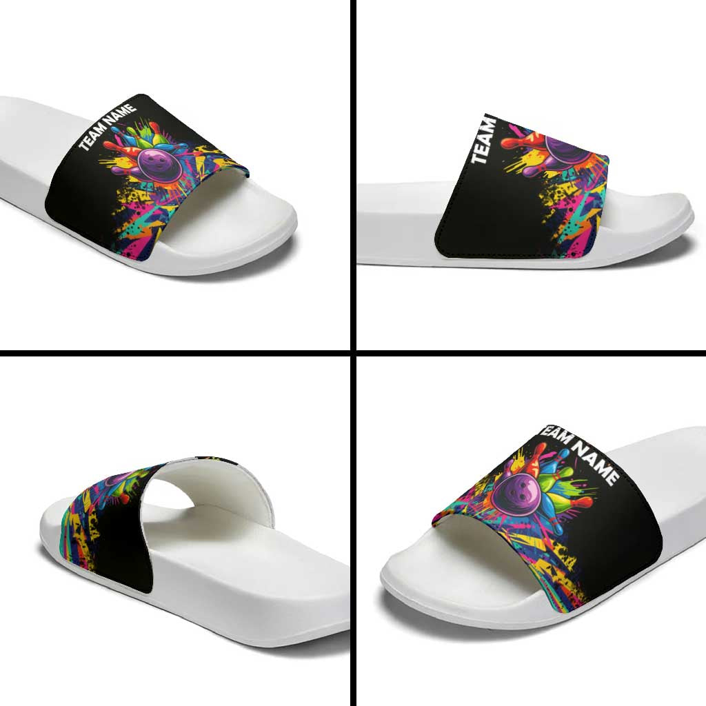 Colorful Bowling Ball and Pins Graphic Slide Sandals Custom with Paint Splash TS04