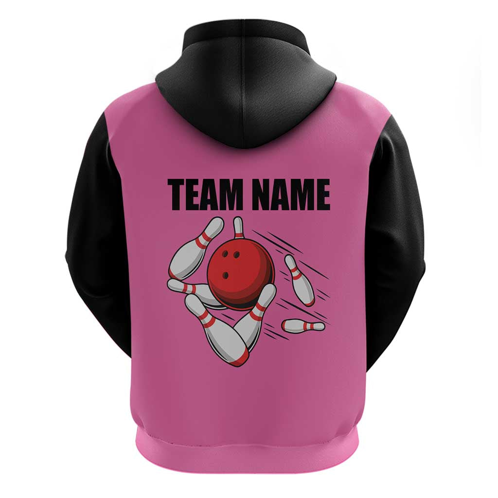 Pink and Black Bowling Hoodie Design with Red Ball and Pins and Custom Team Name Graphic TS04