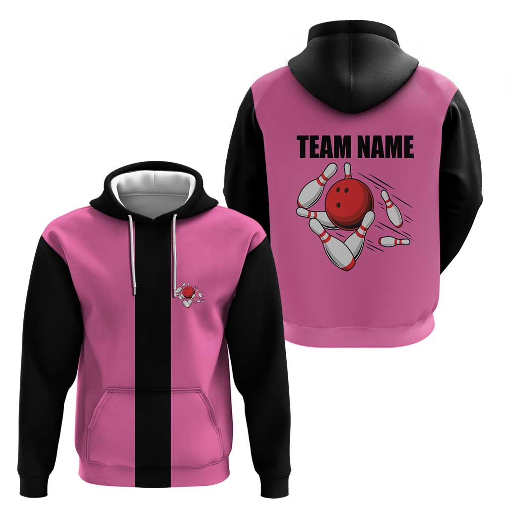 Pink and Black Bowling Hoodie Design with Red Ball and Pins and Custom Team Name Graphic TS04