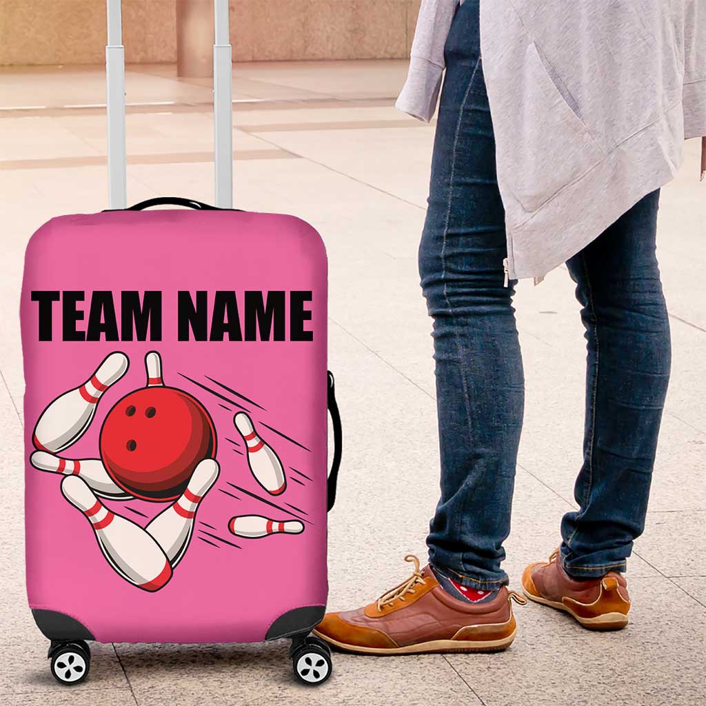 Pink and Black Bowling Luggage Cover Design with Red Ball and Pins and Custom Team Name Graphic TS04