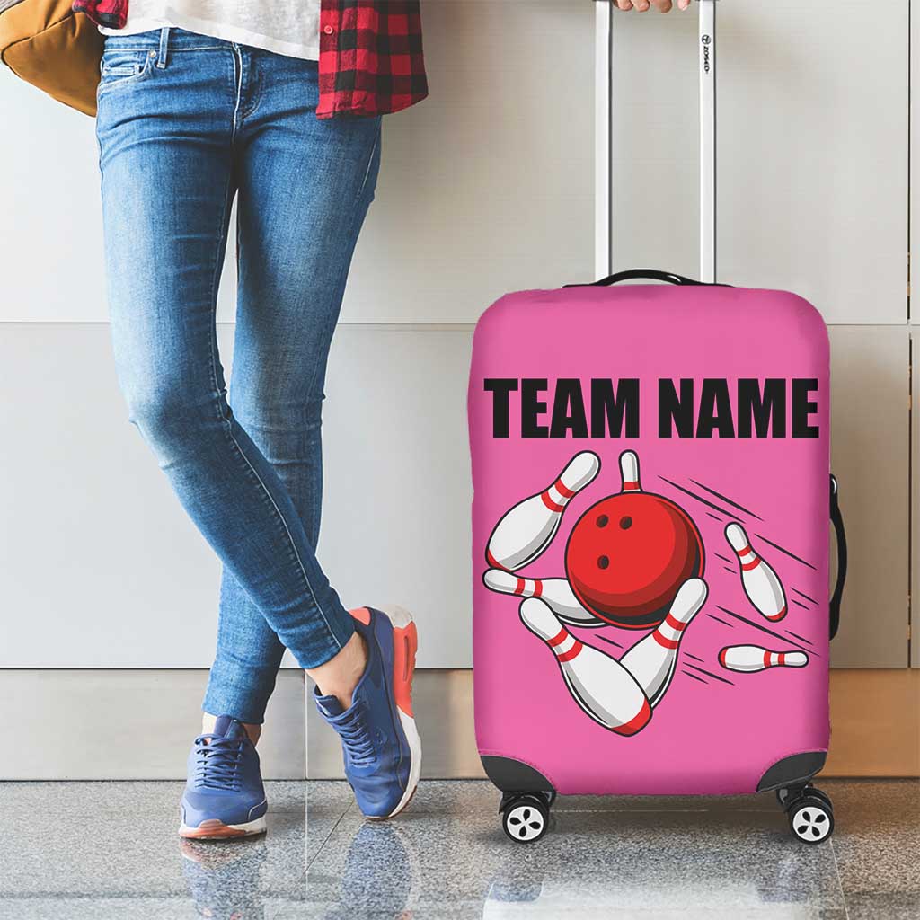 Pink and Black Bowling Luggage Cover Design with Red Ball and Pins and Custom Team Name Graphic TS04