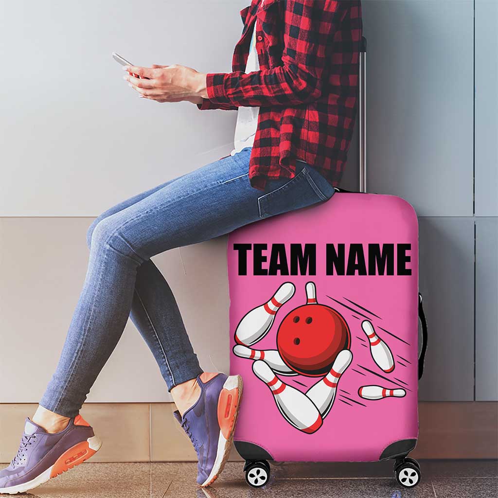 Pink and Black Bowling Luggage Cover Design with Red Ball and Pins and Custom Team Name Graphic TS04