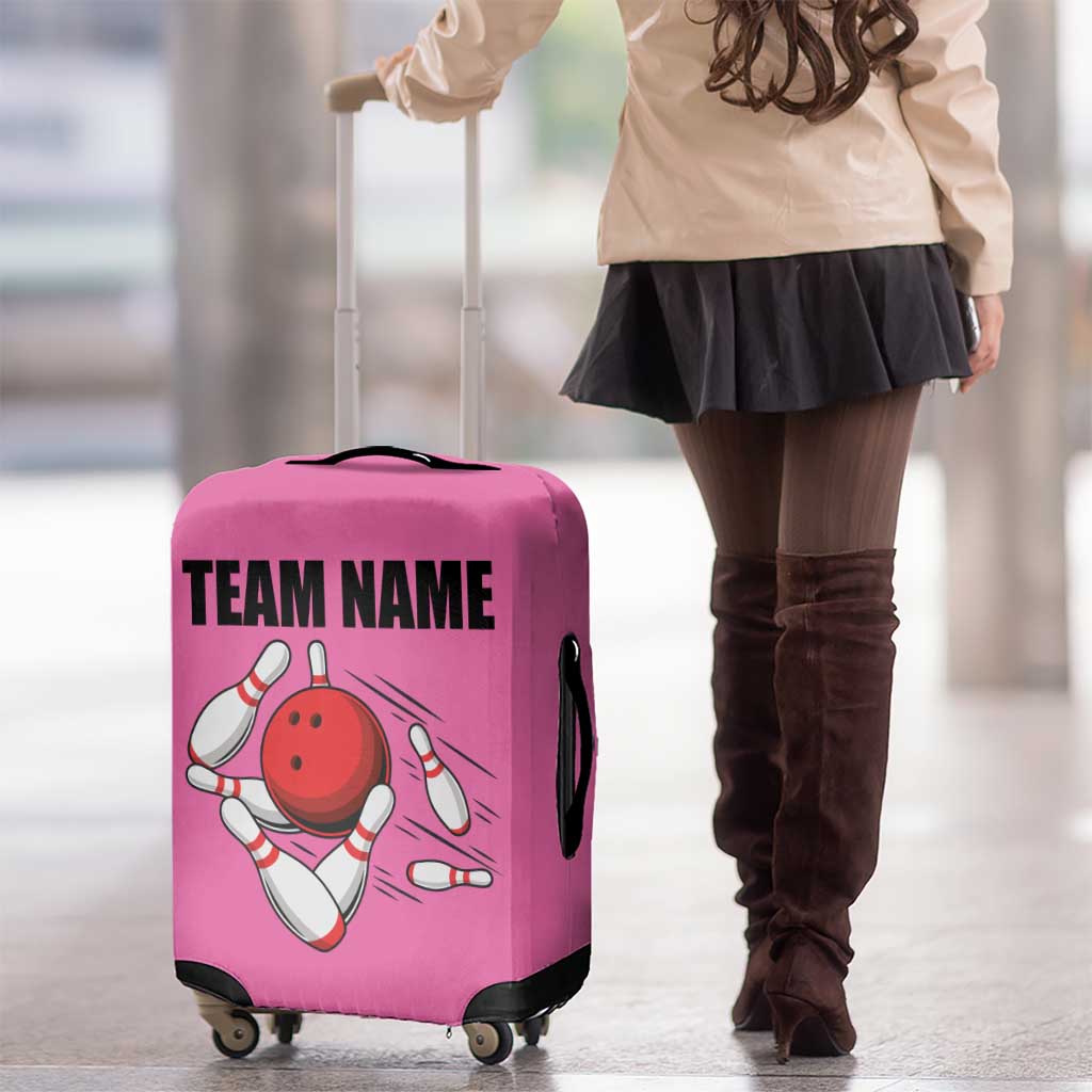 Pink and Black Bowling Luggage Cover Design with Red Ball and Pins and Custom Team Name Graphic TS04