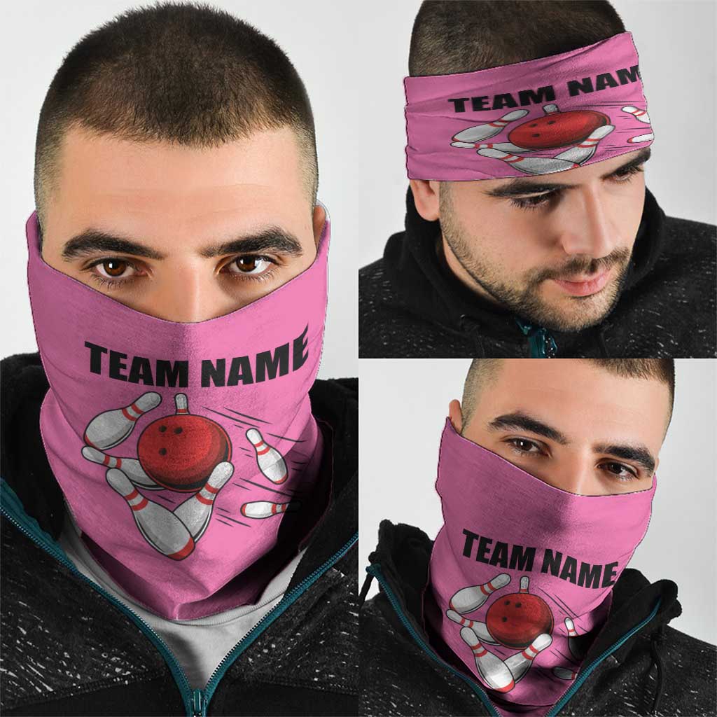 Pink and Black Bowling Neck Gaiter Design with Red Ball and Pins and Custom Team Name Graphic TS04
