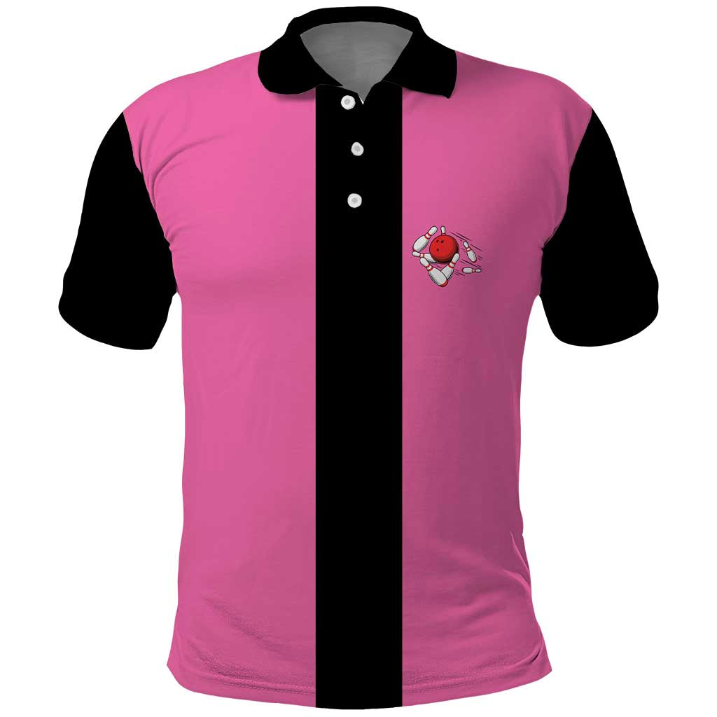 Pink and Black Bowling Polo Shirt Design with Red Ball and Pins and Custom Team Name Graphic TS04