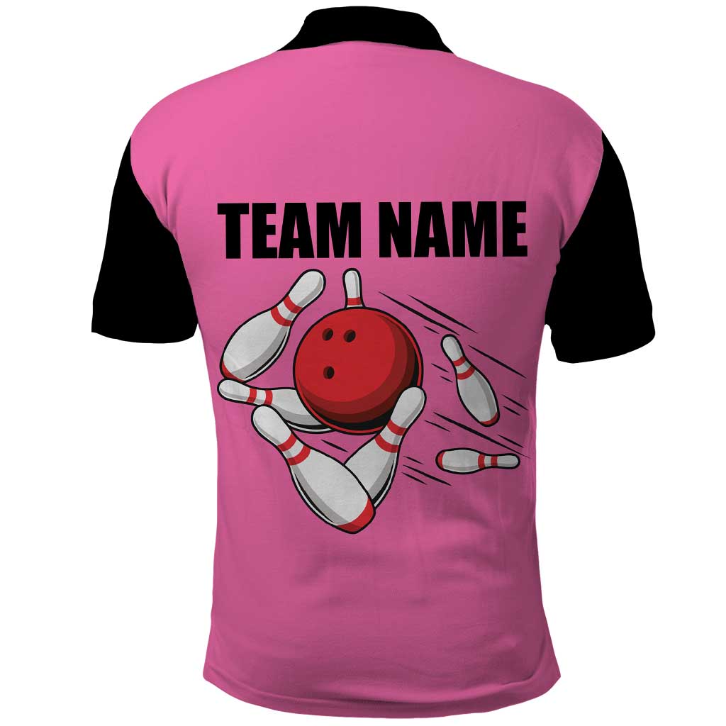 Pink and Black Bowling Polo Shirt Design with Red Ball and Pins and Custom Team Name Graphic TS04