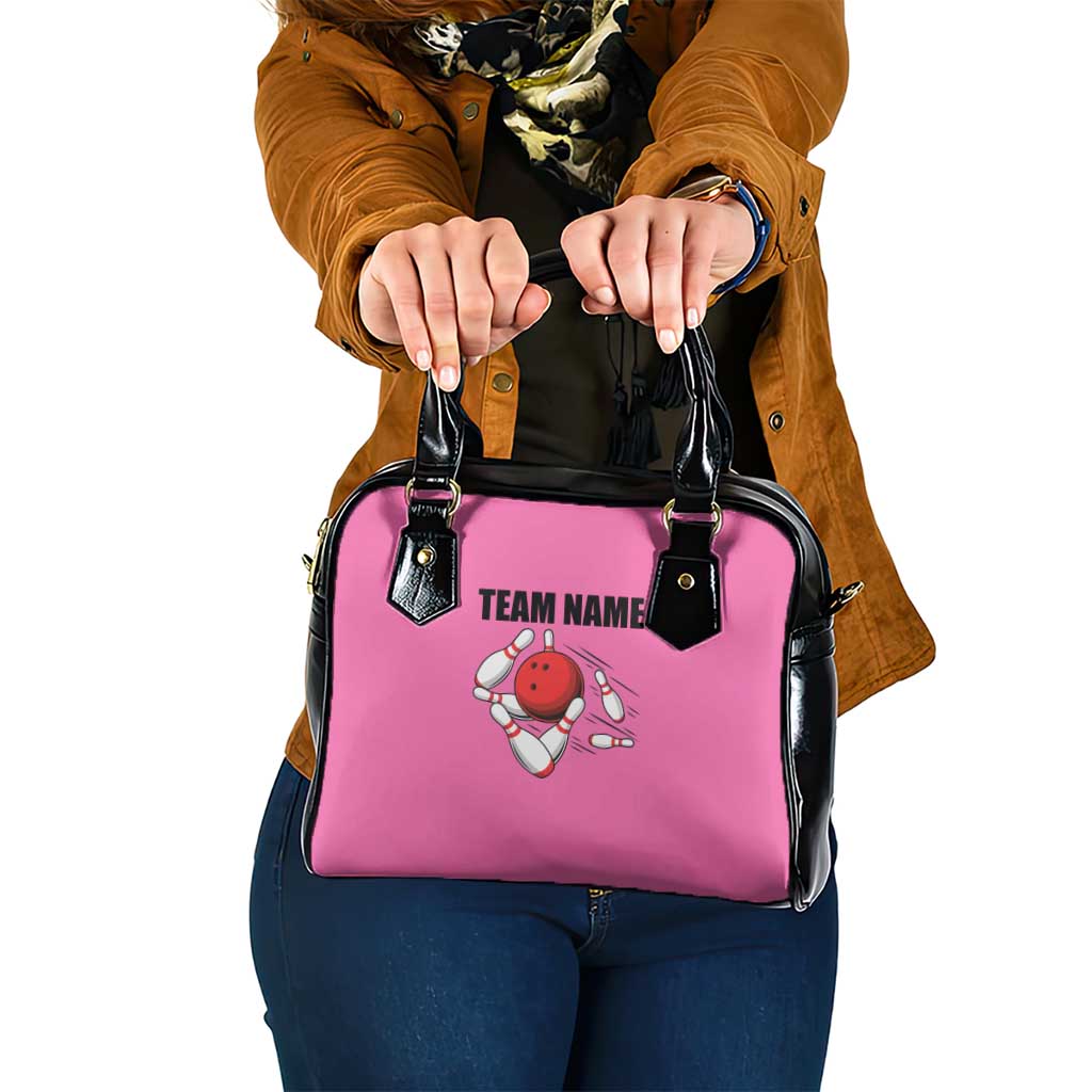 Pink and Black Bowling Shoulder Handbag Design with Red Ball and Pins and Custom Team Name Graphic TS04