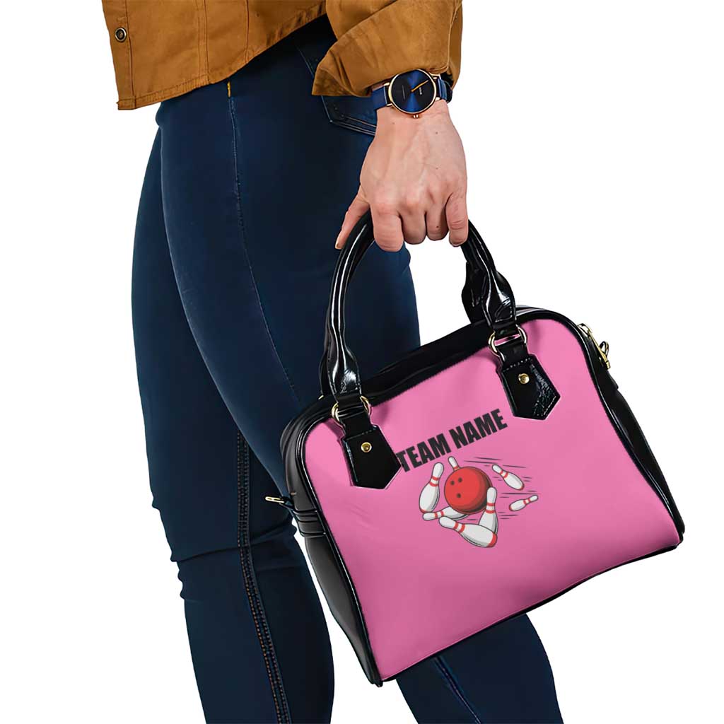 Pink and Black Bowling Shoulder Handbag Design with Red Ball and Pins and Custom Team Name Graphic TS04