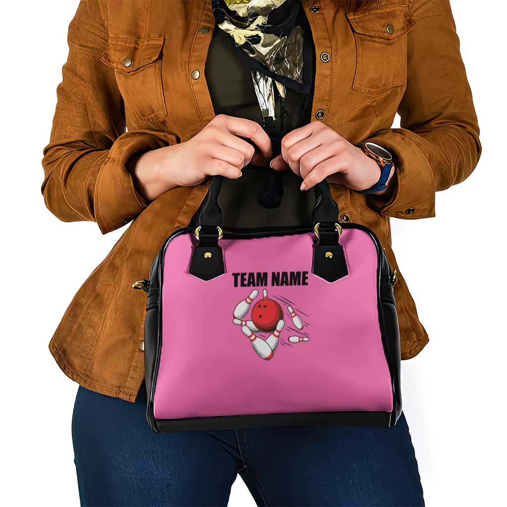 Pink and Black Bowling Shoulder Handbag Design with Red Ball and Pins and Custom Team Name Graphic TS04