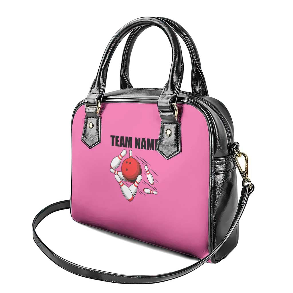Pink and Black Bowling Shoulder Handbag Design with Red Ball and Pins and Custom Team Name Graphic TS04