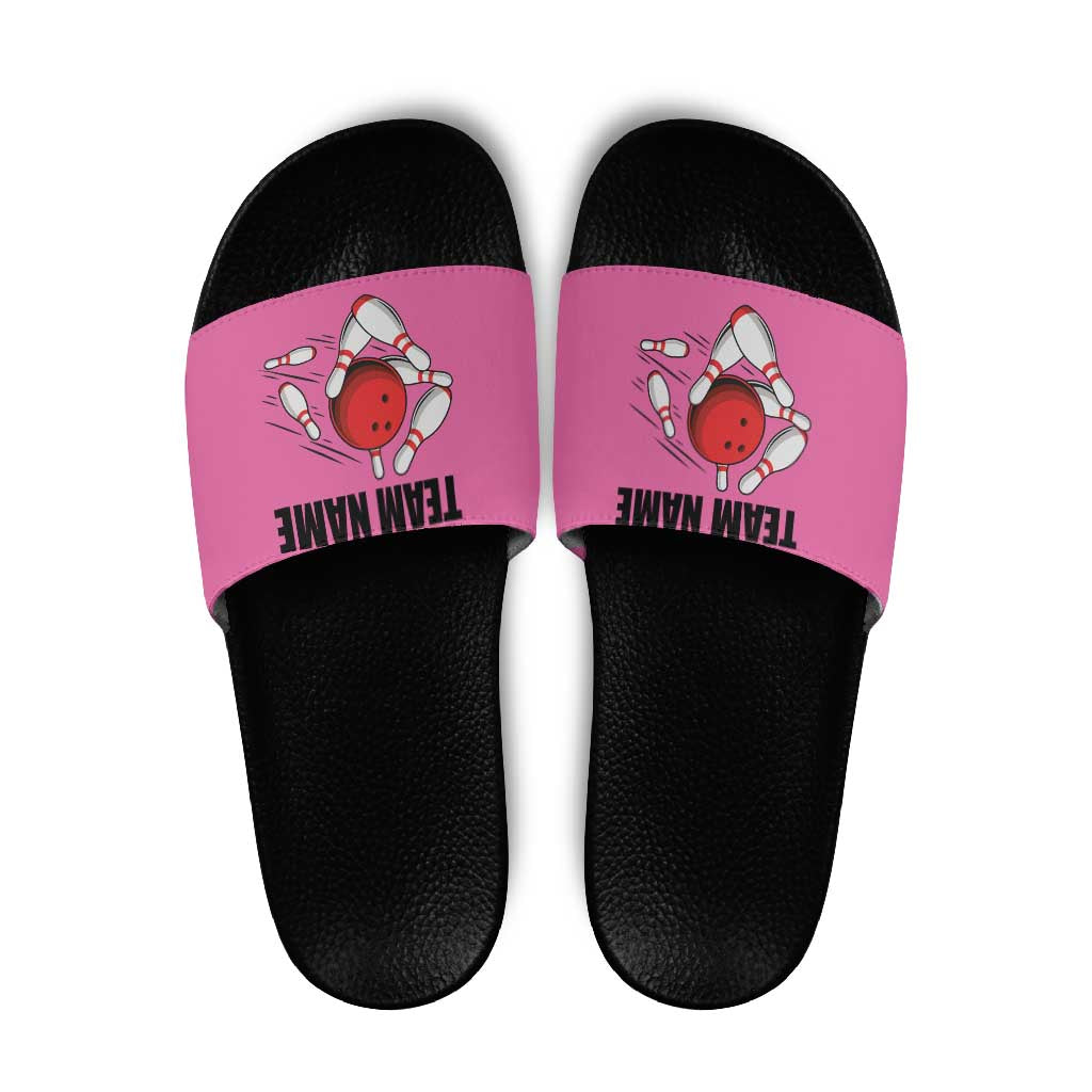 Pink and Black Bowling Slide Sandals Design with Red Ball and Pins and Custom Team Name Graphic TS04