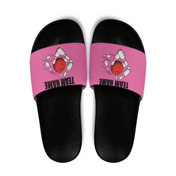 Pink and Black Bowling Slide Sandals Design with Red Ball and Pins and Custom Team Name Graphic TS04