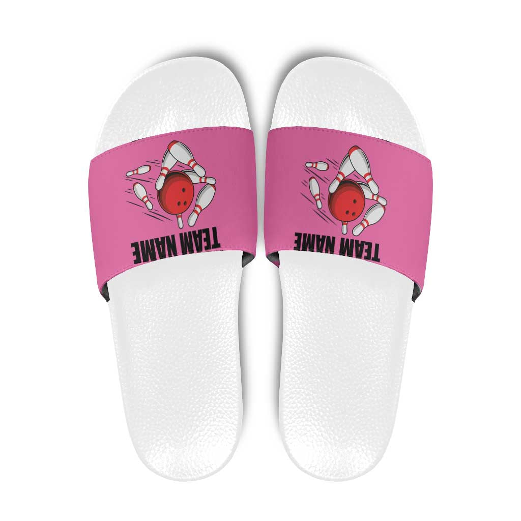 Pink and Black Bowling Slide Sandals Design with Red Ball and Pins and Custom Team Name Graphic TS04