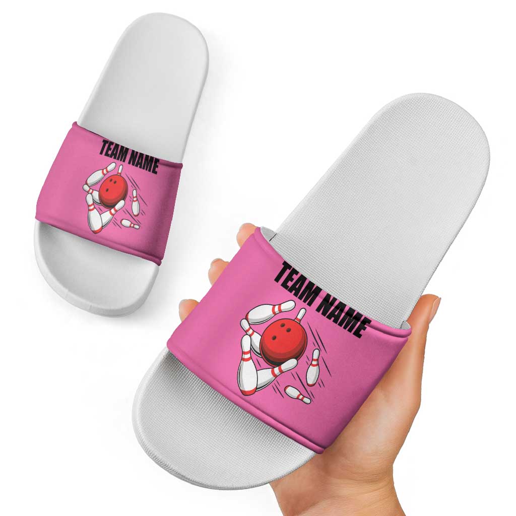 Pink and Black Bowling Slide Sandals Design with Red Ball and Pins and Custom Team Name Graphic TS04