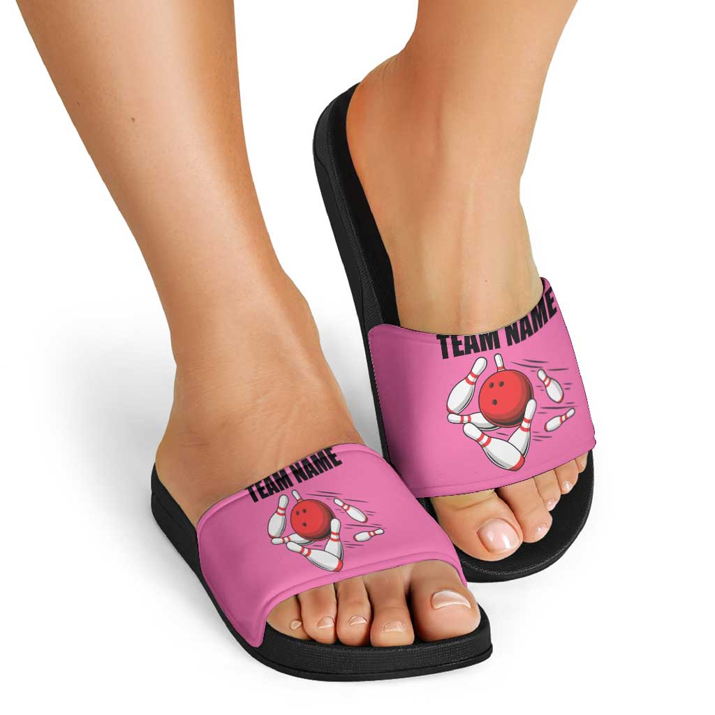 Pink and Black Bowling Slide Sandals Design with Red Ball and Pins and Custom Team Name Graphic TS04