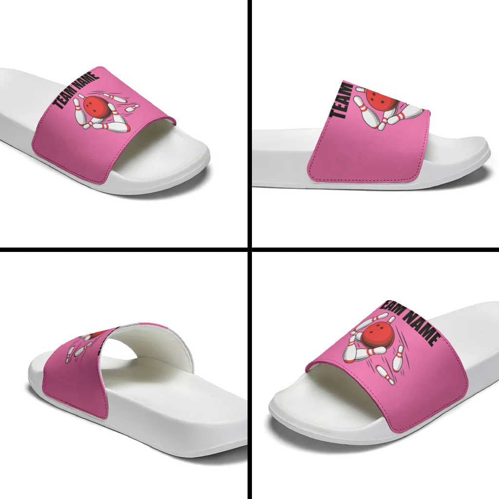 Pink and Black Bowling Slide Sandals Design with Red Ball and Pins and Custom Team Name Graphic TS04
