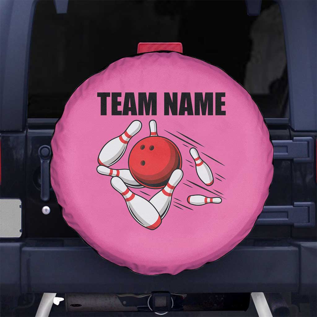 Pink and Black Bowling Spare Tire Cover Design with Red Ball and Pins and Custom Team Name Graphic TS04