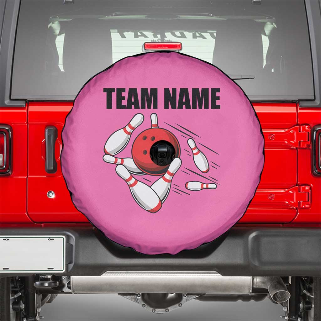 Pink and Black Bowling Spare Tire Cover Design with Red Ball and Pins and Custom Team Name Graphic TS04