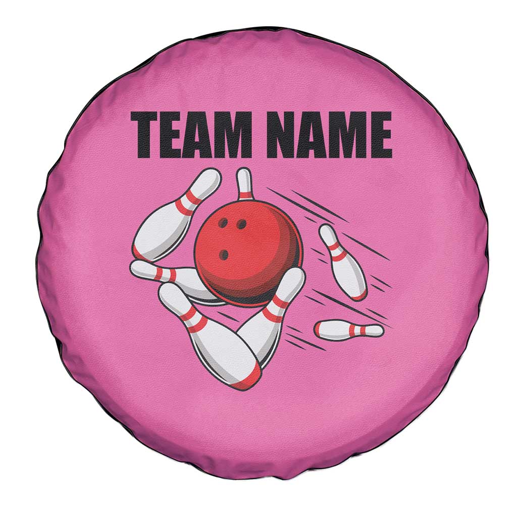 Pink and Black Bowling Spare Tire Cover Design with Red Ball and Pins and Custom Team Name Graphic TS04