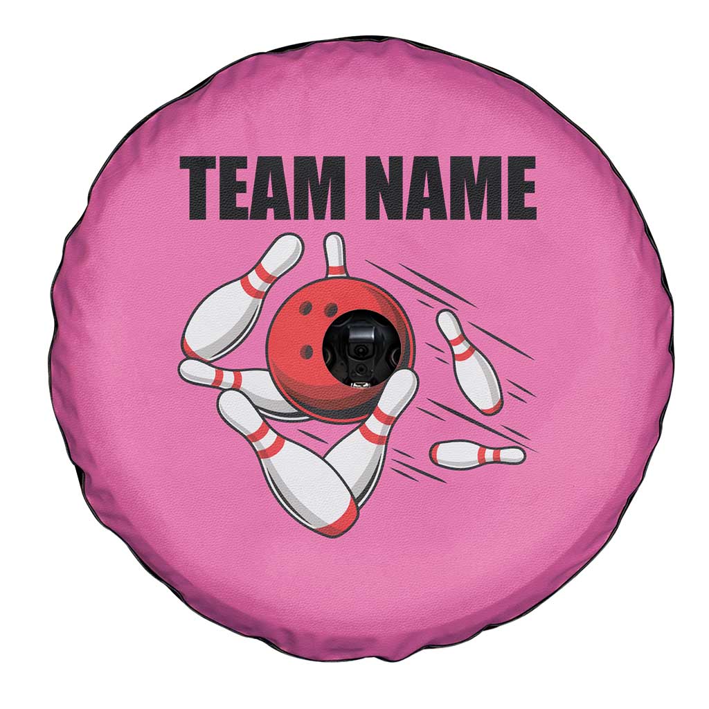 Pink and Black Bowling Spare Tire Cover Design with Red Ball and Pins and Custom Team Name Graphic TS04