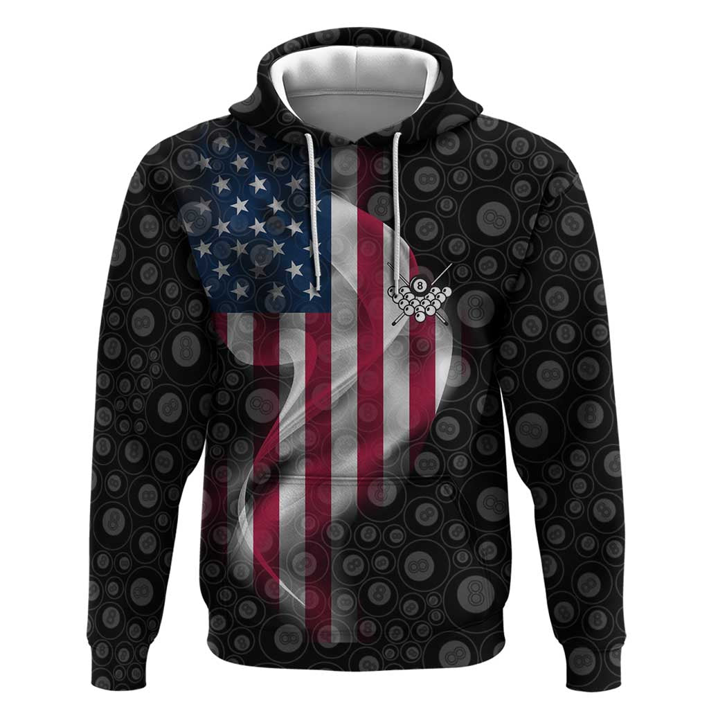 American Flag Bowling Ball and Pins Graphic Hoodie with Black Patterned Background and Custom Team Name Design TS04