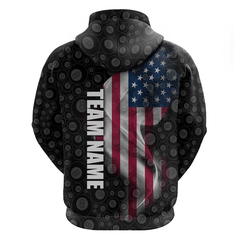 American Flag Bowling Ball and Pins Graphic Hoodie with Black Patterned Background and Custom Team Name Design TS04