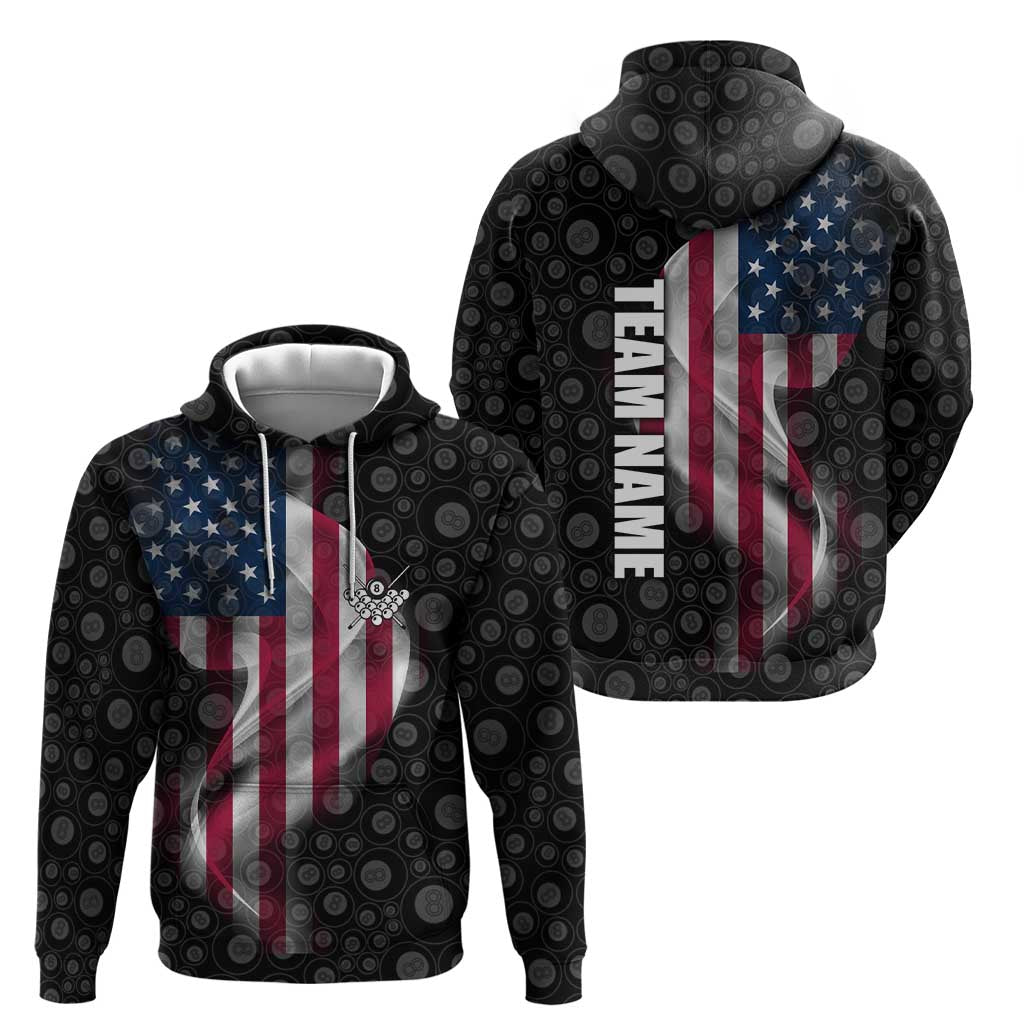 American Flag Bowling Ball and Pins Graphic Hoodie with Black Patterned Background and Custom Team Name Design TS04
