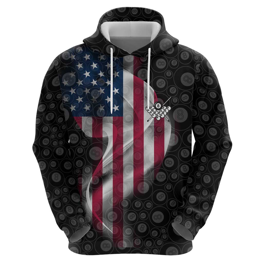 American Flag Bowling Ball and Pins Graphic Hoodie with Black Patterned Background and Custom Team Name Design TS04