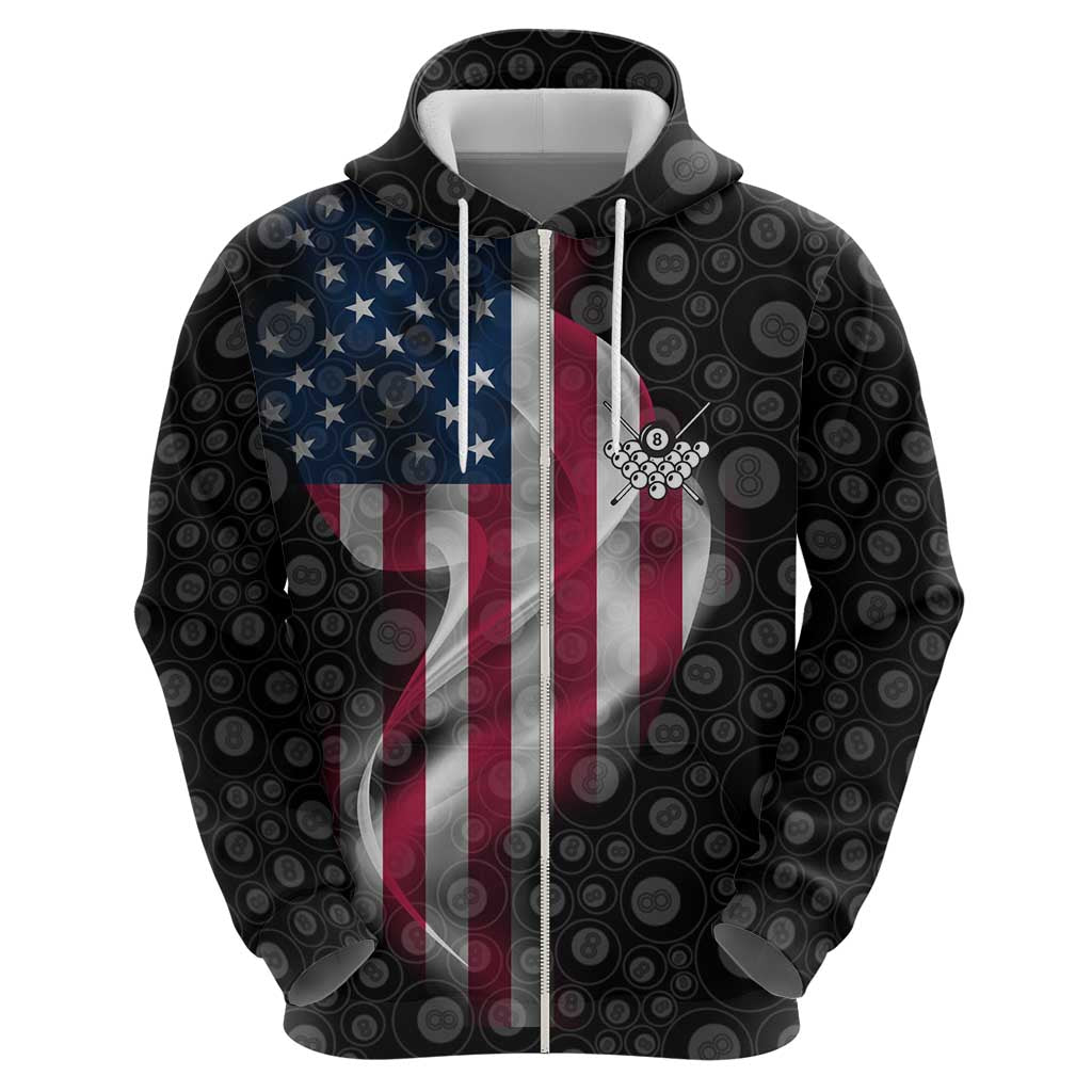 American Flag Bowling Ball and Pins Graphic Hoodie with Black Patterned Background and Custom Team Name Design TS04