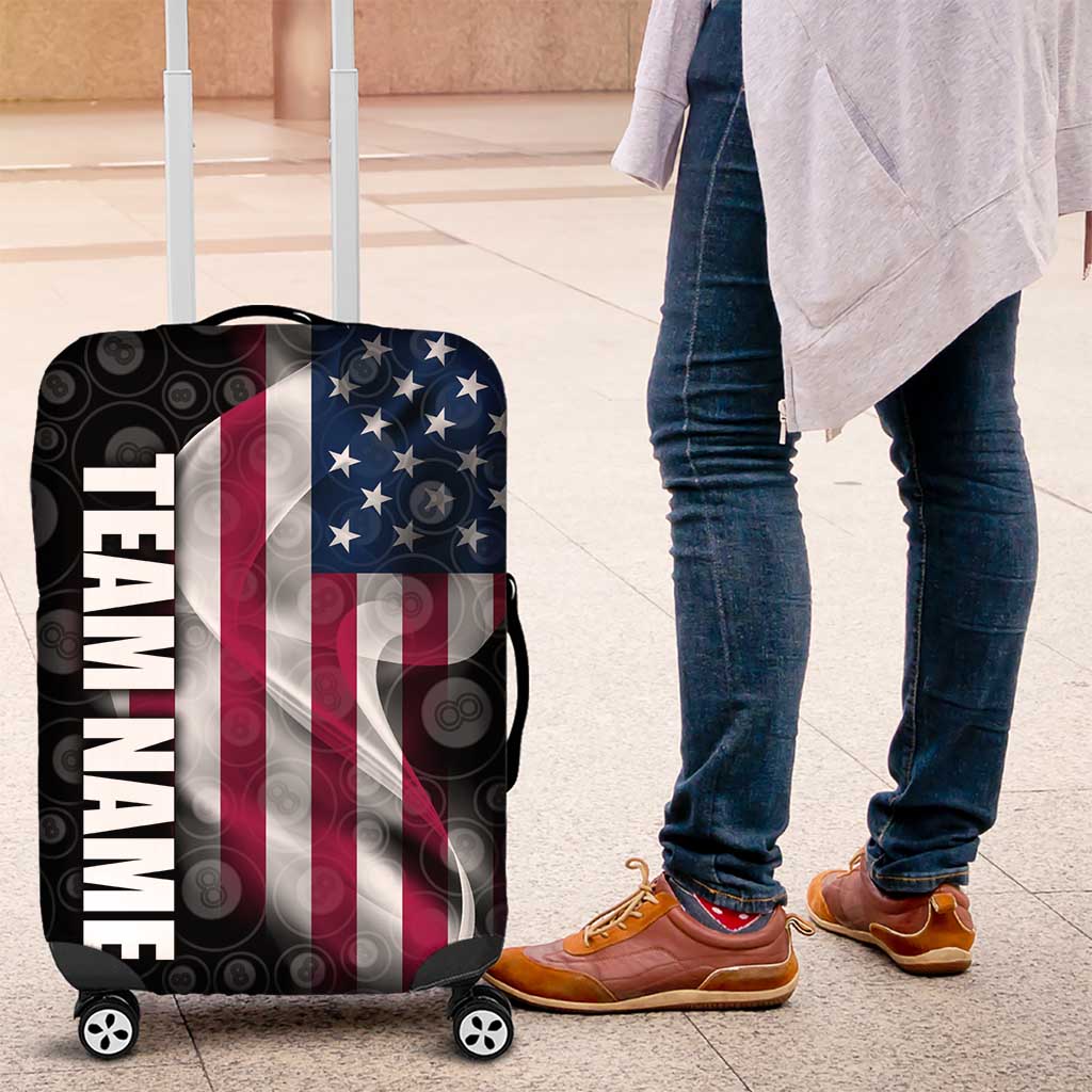 American Flag Bowling Ball and Pins Graphic Luggage Cover with Black Patterned Background and Custom Team Name Design TS04