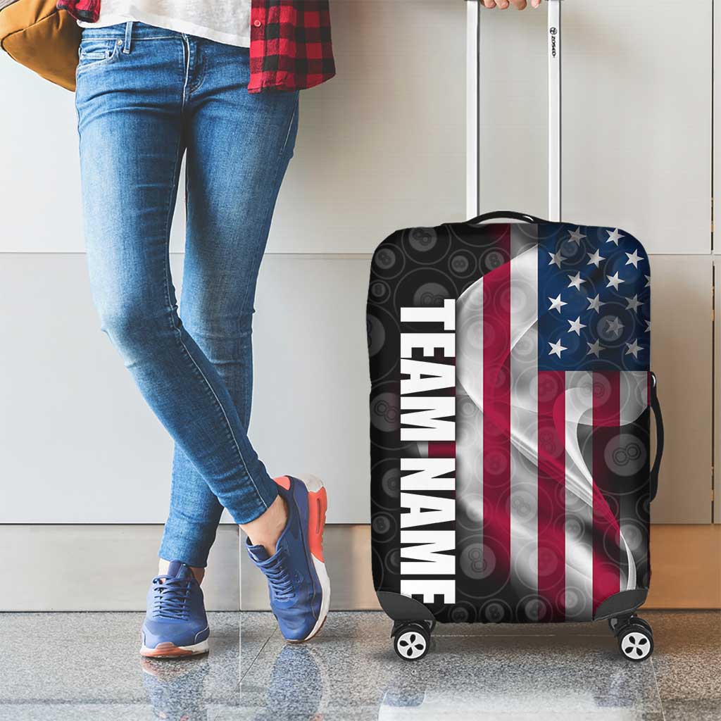 American Flag Bowling Ball and Pins Graphic Luggage Cover with Black Patterned Background and Custom Team Name Design TS04