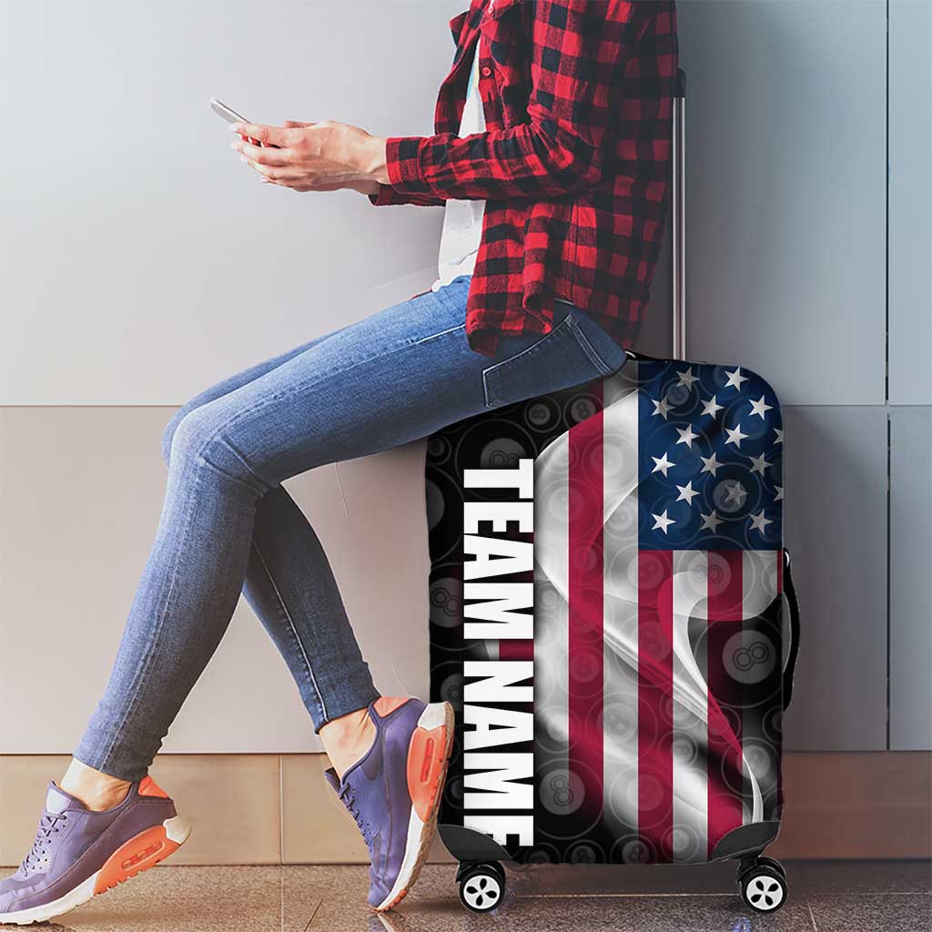 American Flag Bowling Ball and Pins Graphic Luggage Cover with Black Patterned Background and Custom Team Name Design TS04