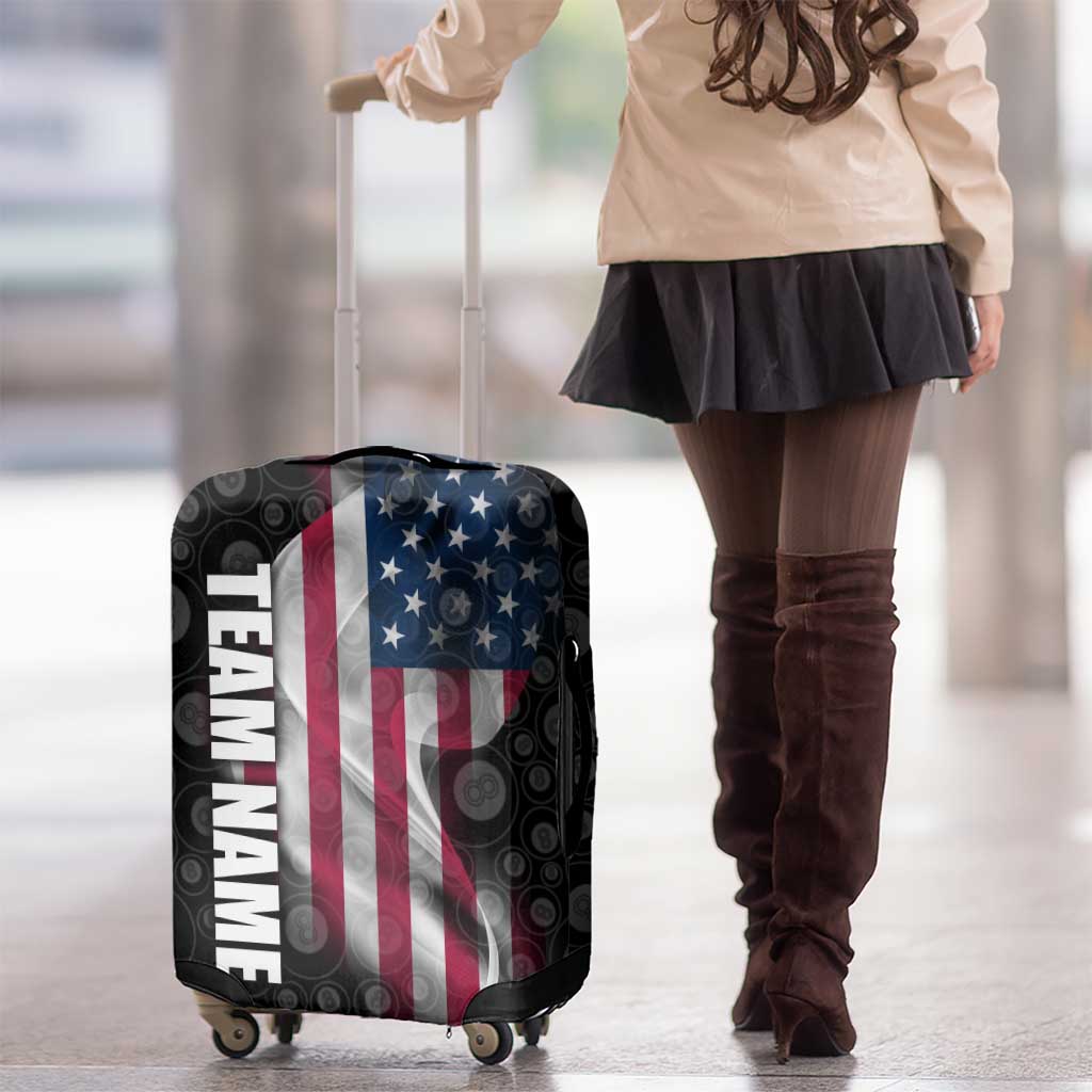 American Flag Bowling Ball and Pins Graphic Luggage Cover with Black Patterned Background and Custom Team Name Design TS04
