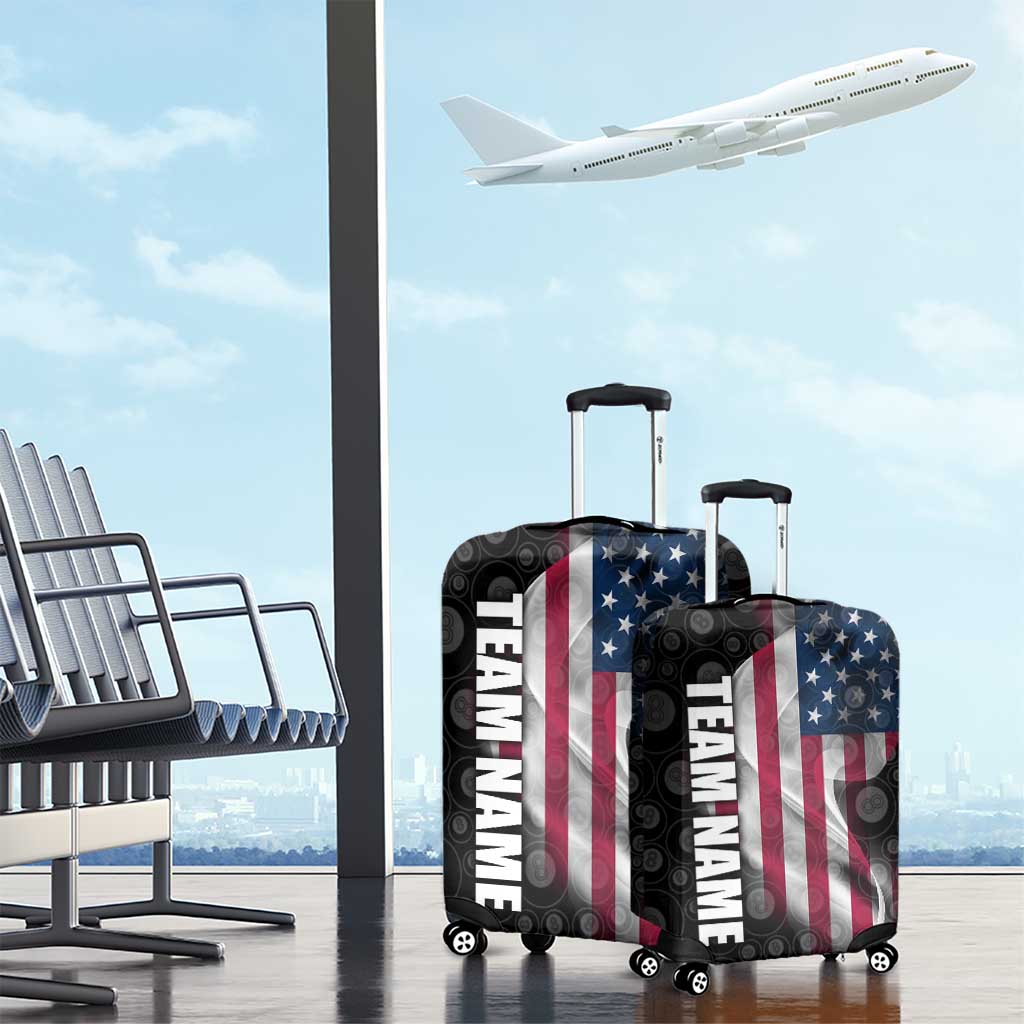 American Flag Bowling Ball and Pins Graphic Luggage Cover with Black Patterned Background and Custom Team Name Design TS04