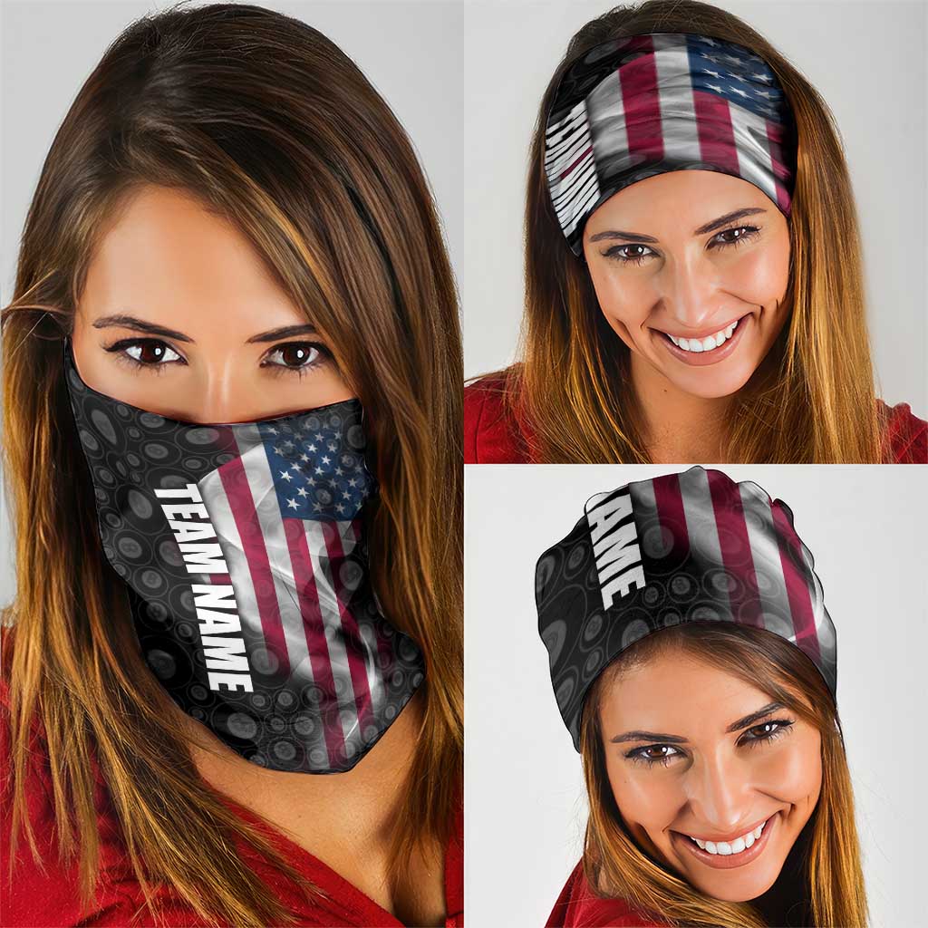 American Flag Bowling Ball and Pins Graphic Neck Gaiter with Black Patterned Background and Custom Team Name Design TS04