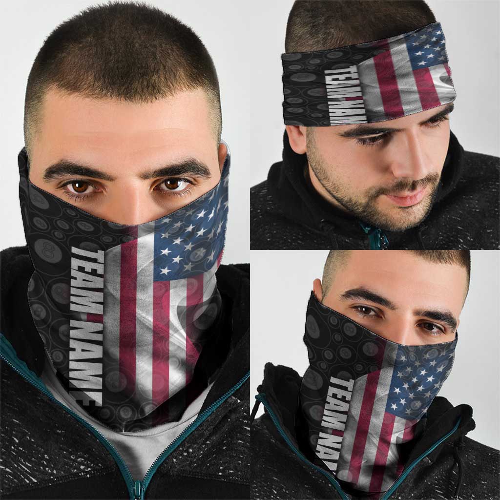 American Flag Bowling Ball and Pins Graphic Neck Gaiter with Black Patterned Background and Custom Team Name Design TS04