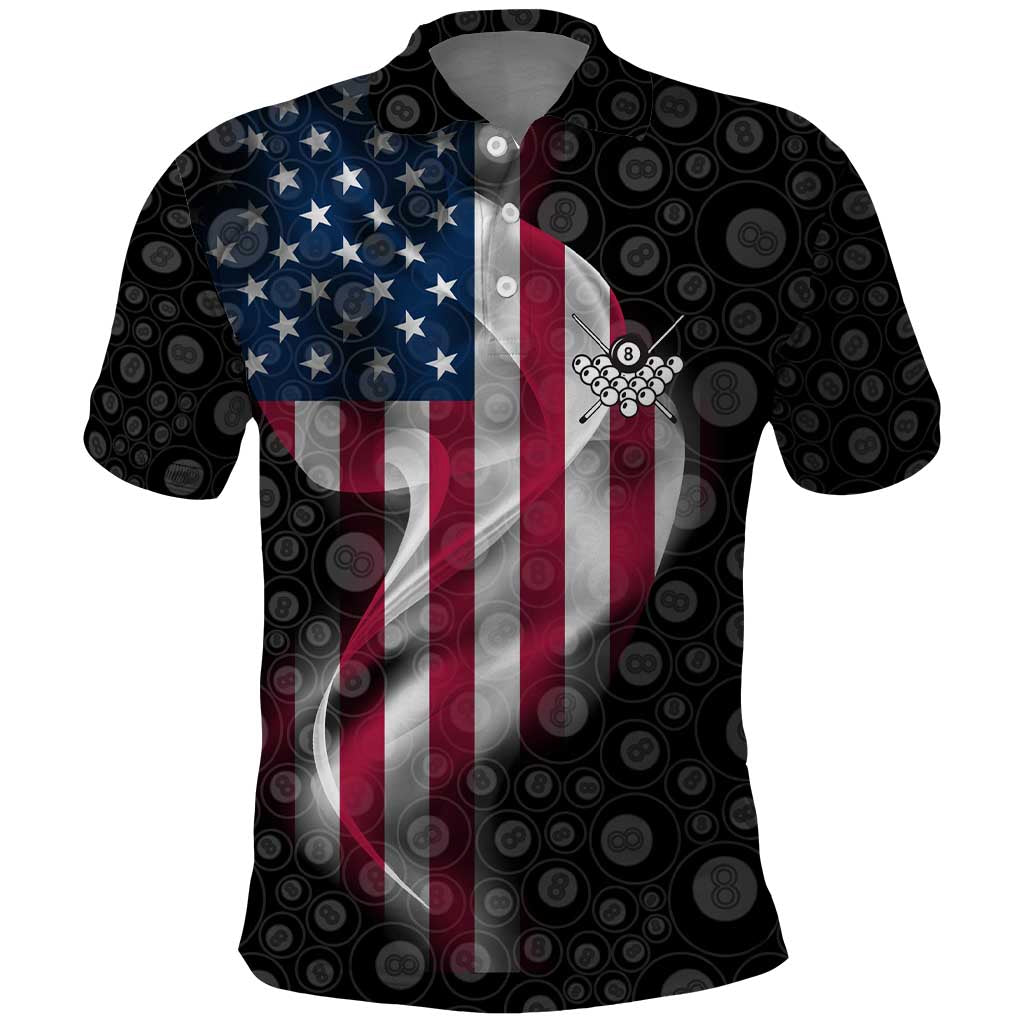 American Flag Bowling Ball and Pins Graphic Polo Shirt with Black Patterned Background and Custom Team Name Design TS04