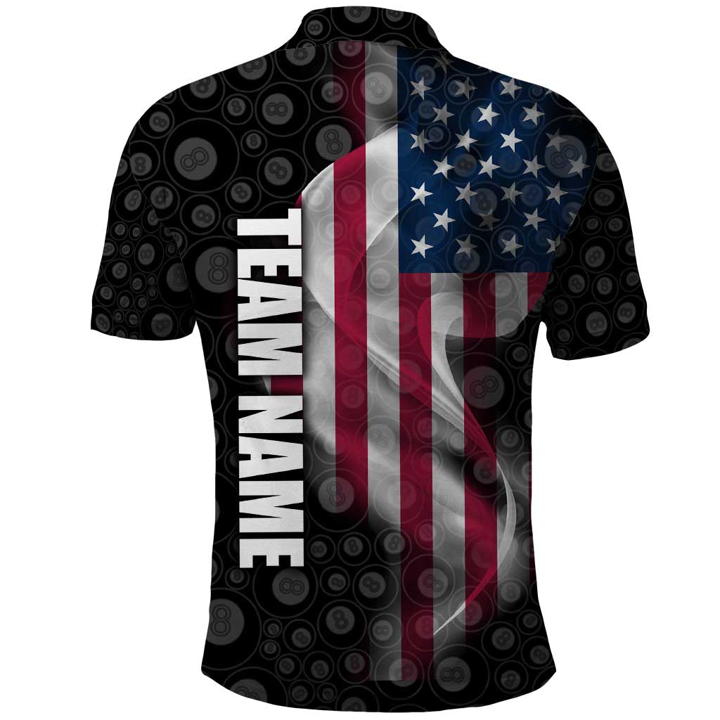American Flag Bowling Ball and Pins Graphic Polo Shirt with Black Patterned Background and Custom Team Name Design TS04